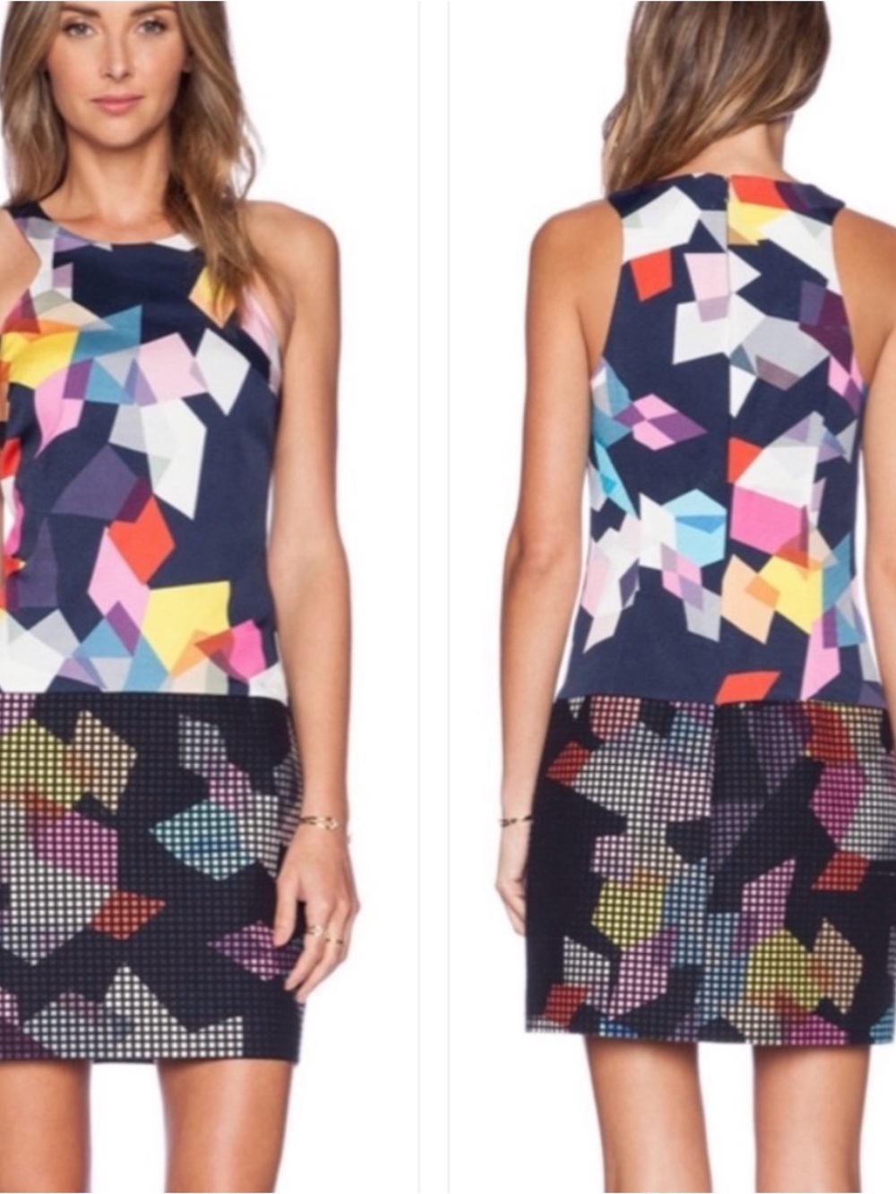 Trina Turk Aptos Halter Dress in Navy with Multicolor Geometric Print sz 8